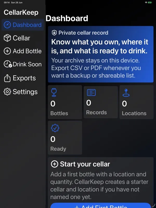 CellarKeep dashboard on iPad