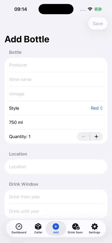 CellarKeep add bottle form on iPhone