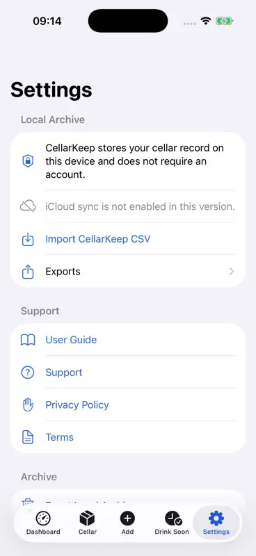 CellarKeep settings and export links on iPhone