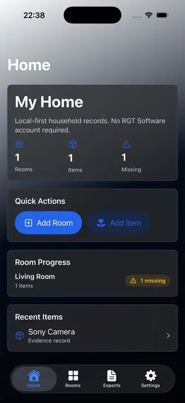 ClaimBook Home dashboard on iPhone showing local home records and evidence counts