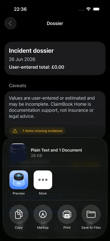 ClaimBook Home iPhone share sheet showing generated dossier files