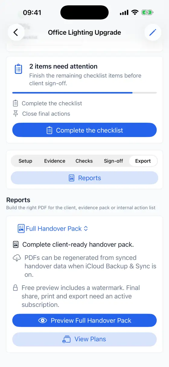 Contractor Handover Pro PDF export screen showing preview and subscription status