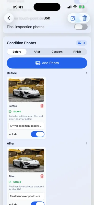 Detail Ledger condition photo categories, notes and PDF preview action