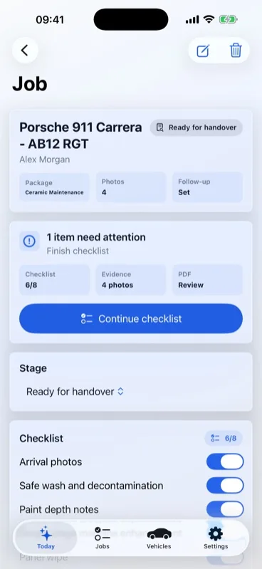 Detail Ledger ready-for-handover job with package, photo count and checklist progress