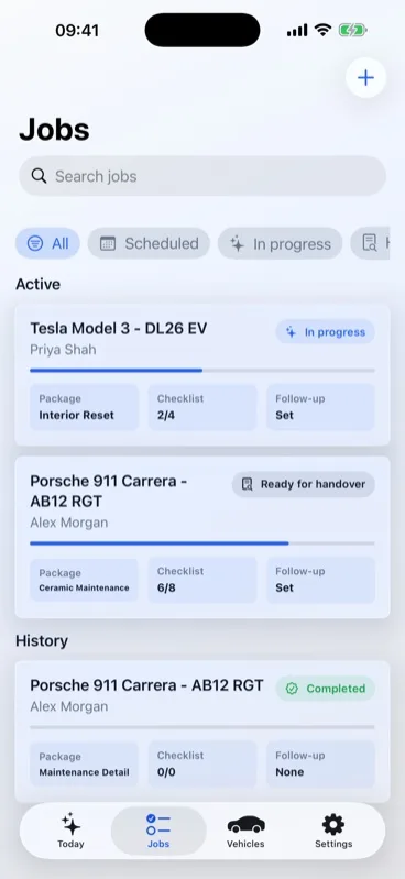 Detail Ledger jobs list with active and completed detailing work, stages, packages and follow-up status