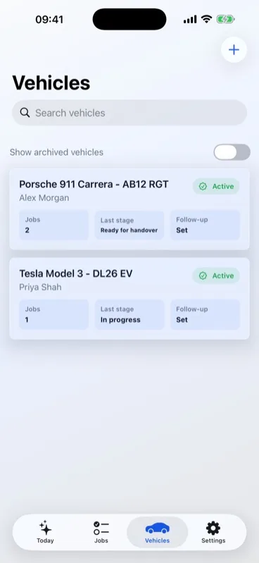 Detail Ledger vehicle list with active vehicle, job count, stage and follow-up status