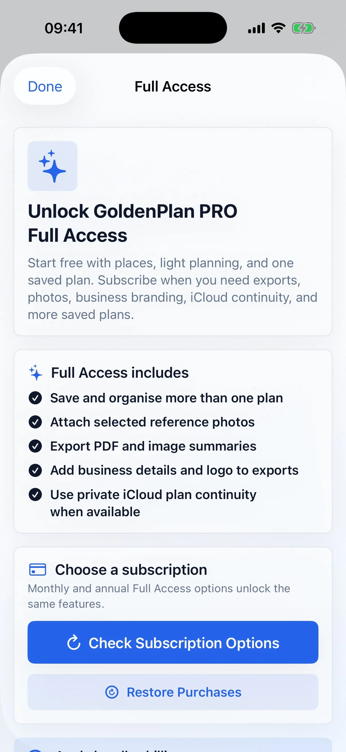 GoldenPlan PRO Full Access subscription sheet