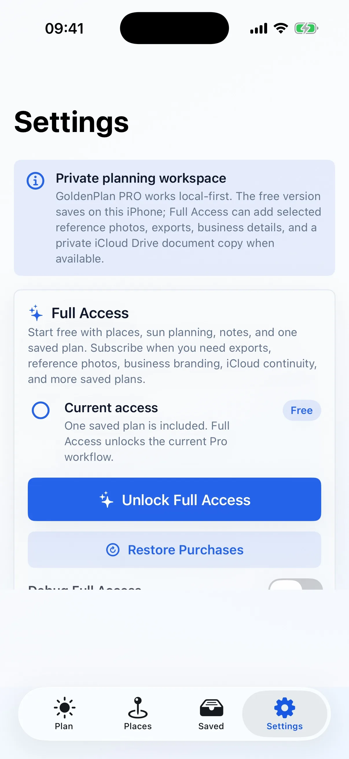 GoldenPlan PRO settings and privacy controls