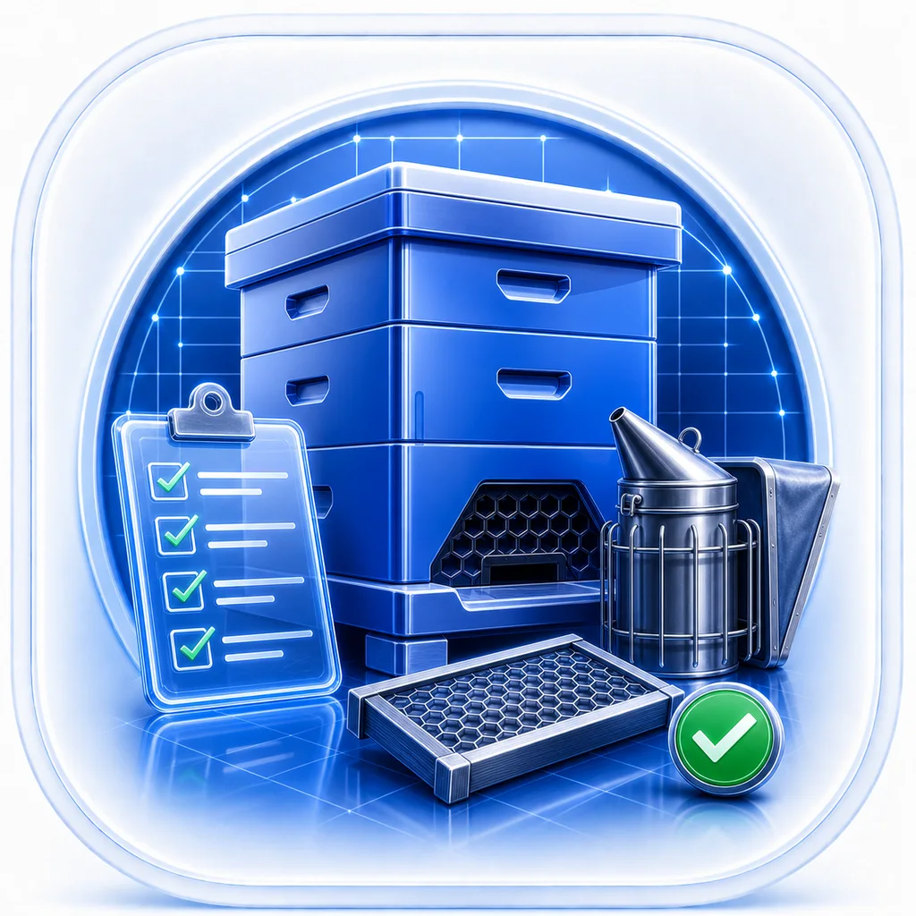 Hive Foreman app icon showing glossy beekeeping operations objects on a blue technical glass base