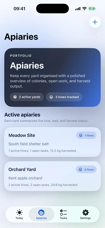 Hive Foreman Apiaries screen with active yards, hive totals and open task counts