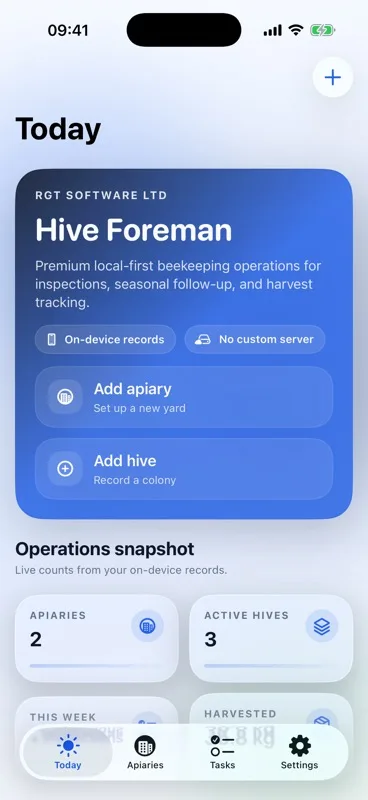 Hive Foreman Today dashboard with apiary counts, active hives, tasks and harvest totals