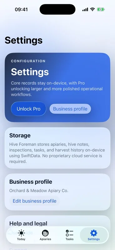 Hive Foreman Settings screen with local storage details, business profile and support links