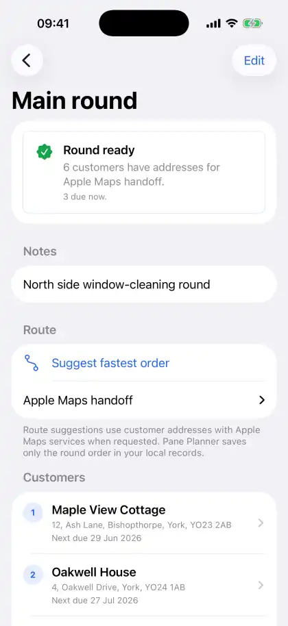 Pane Planner round detail with route readiness, suggested order and Apple Maps handoff controls