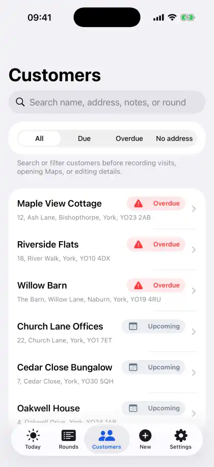 Pane Planner Customers list with due, overdue and no-address filters for saved customer records