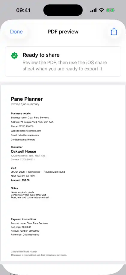 Pane Planner invoice PDF preview showing a generated job summary for a completed visit