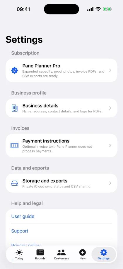 Pane Planner Settings screen with Pro status, business details, payment instructions, storage, export and support links