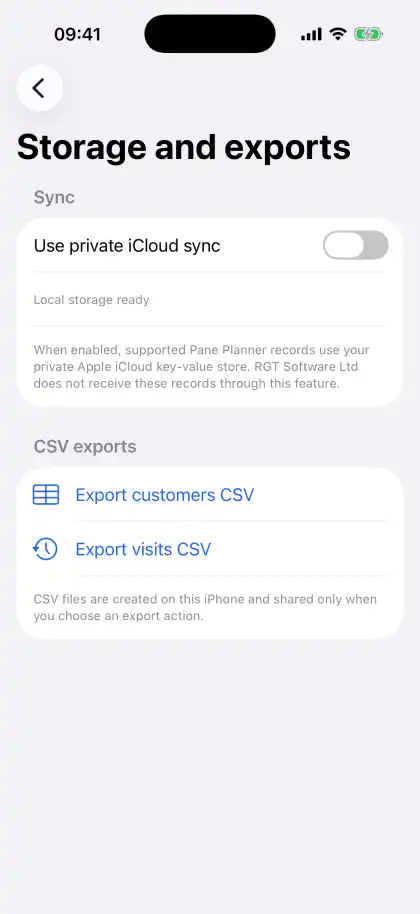 Pane Planner storage and export screen with private iCloud sync and CSV export controls