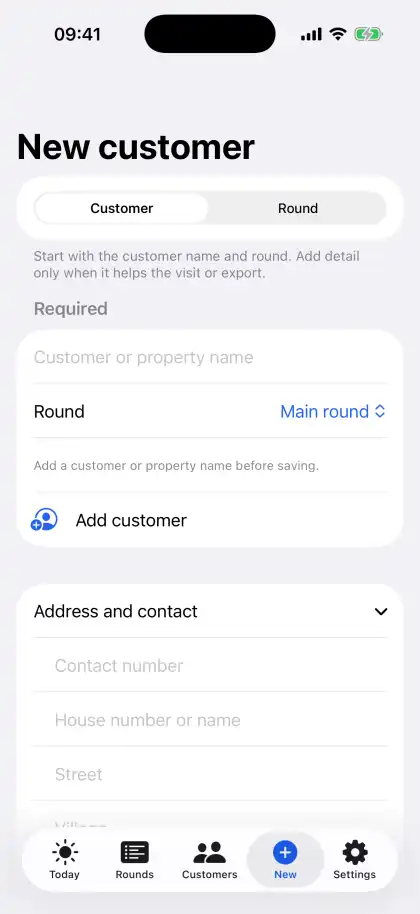 Pane Planner Add Customer screen showing village, town and postcode entry fields plus the add customer action
