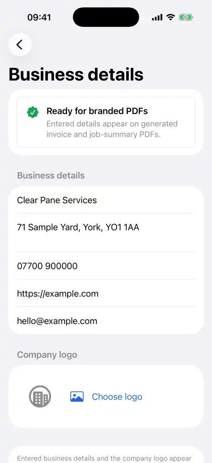 Pane Planner Business details screen showing business name, address, phone number, website, email and company logo controls
