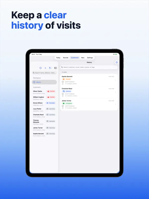 Pane Planner visit history on iPad inside an official iPad bezel