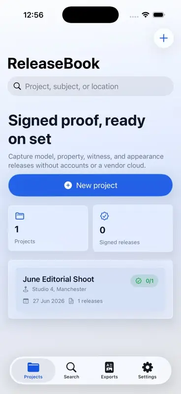 ReleaseBook on iPhone showing the normal-mode project dashboard with local release records