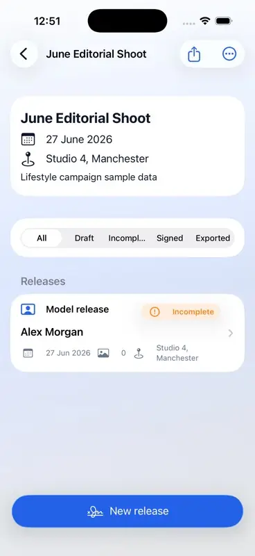 ReleaseBook on iPhone showing a normal-mode project detail screen with release records and export controls