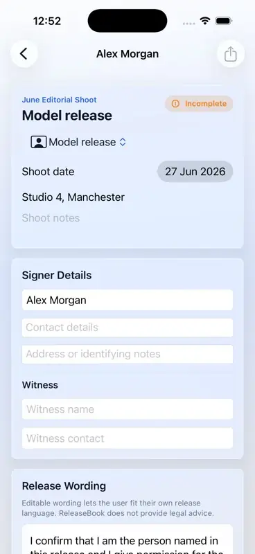 ReleaseBook normal-mode release detail screen with signer details and release wording on iPhone