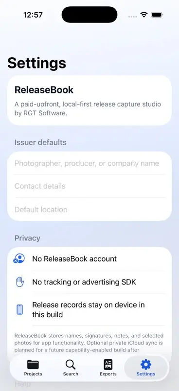 ReleaseBook normal-mode settings screen with support, privacy, and local-first details on iPhone