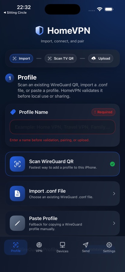 SecurePair profile import screen on iPhone
