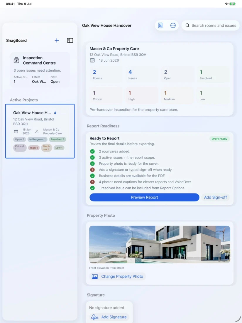 SnagBoard on iPad showing project details and inspection workflow