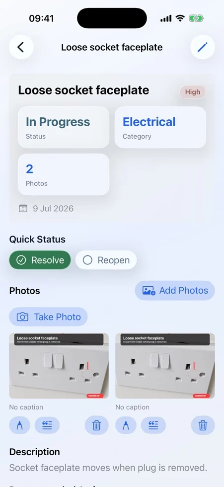 SnagBoard on iPhone showing marked-up photo evidence