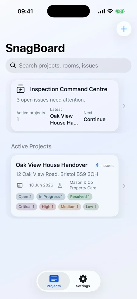 SnagBoard iPhone project list showing inspection projects, status summaries, and project actions.