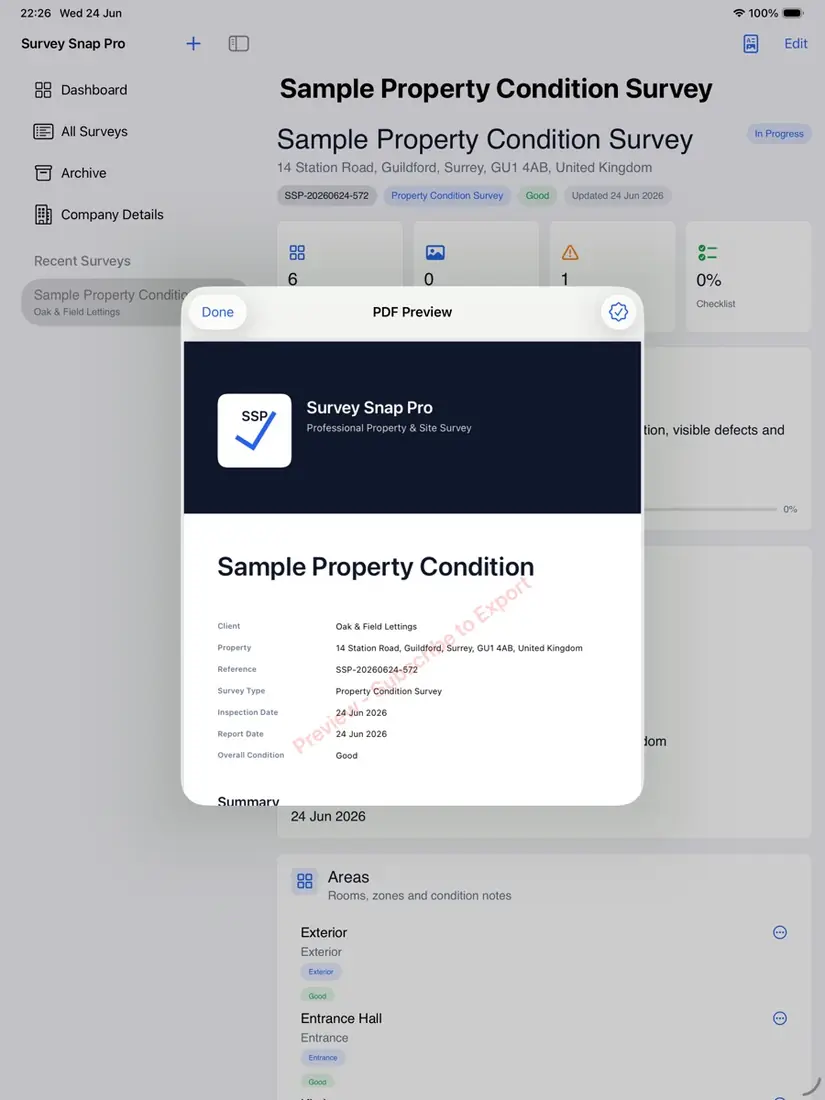 Survey Snap Pro PDF preview screen on iPad