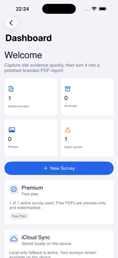 Survey Snap Pro dashboard on iPhone