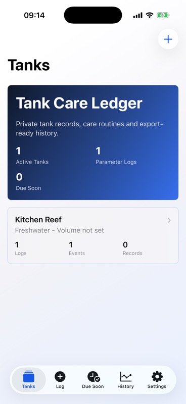 Tank Care Ledger tank list on iPhone with local tank and parameter-log counts