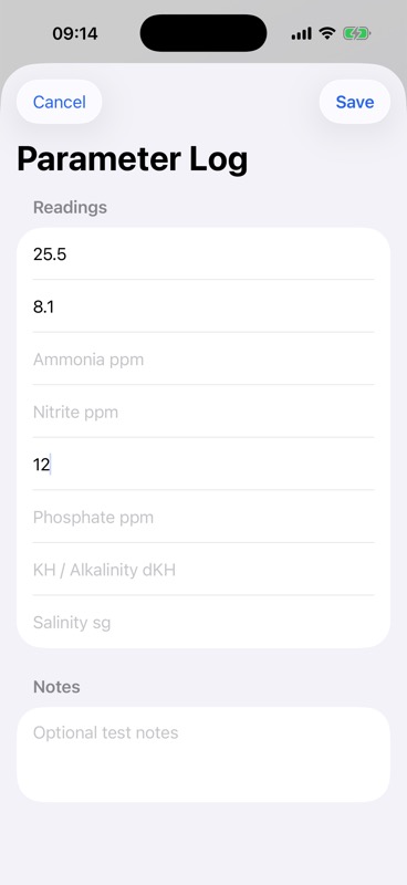 Tank Care Ledger parameter log form on iPhone with temperature, pH, ammonia, nitrate and salinity fields