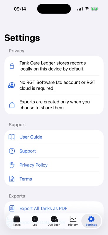 Tank Care Ledger Settings screen with user guide, support, privacy, terms and export actions