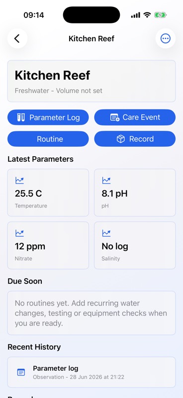 Tank Care Ledger tank dashboard on iPhone showing latest water parameters and recent history