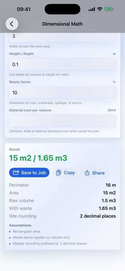 TradeCalc Studio dimensional maths calculator on iPhone